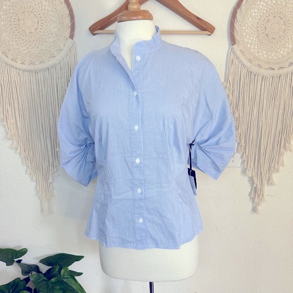 Worth Blue And White Striped Sleeve Detail Button Front Blouse 10